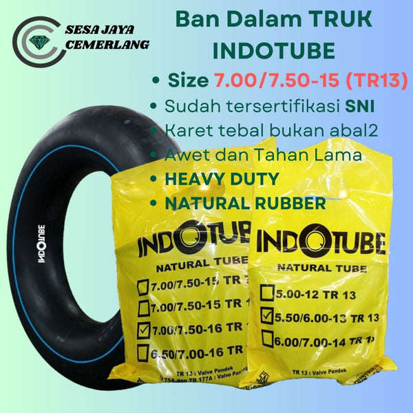 ukuran 7.00/7.50-15 (TR13) Pentil Pendek Ban Dalam Mobil Truk Heavy Duty Indotube Natural Rubber (NR)