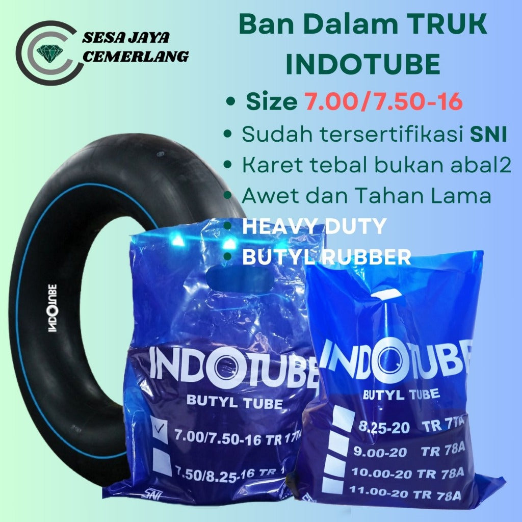 ukuran 7.00/7.50-16 Pentil Panjang Ban dalam Mobil truk Indotube Heavy Duty Butyl Rubber (BR)